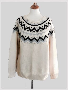 LOFT Fair Isle Crewneck Sweater Winter White Cream with Black and Blue Pattern